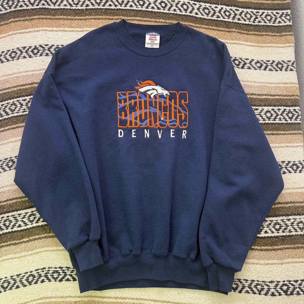 Vintage 90's Denver Broncos Navy Blue NFL Crewneck Pullover Sweatshirt Sz 2XL